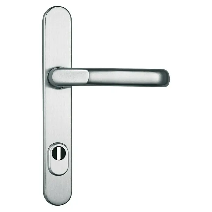 Abus Schutzbeschlag SRG 92 N - Schmalrahmen, Aluminium, Drücker beidseitig, Stärke Tür: 59 mm - 69 mm - Türgriff aus Edelstahl mit Langschild und Schlüsselloch für einen sicheren und stilvollen Zugang. Hochwertige Verarbeitung für langlebige Nutzung.
