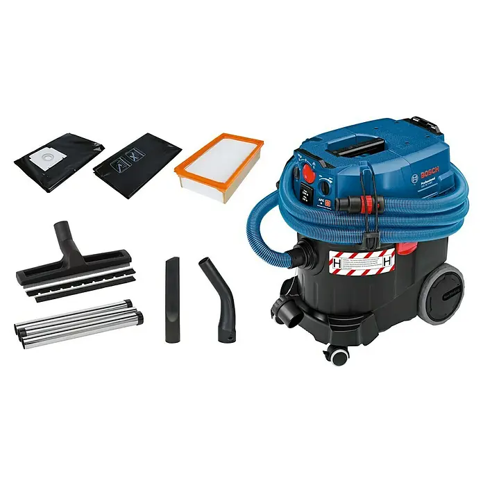 Bosch Professional Elektro-Nass- & Trockensauger GAS 35 H AFC - 1.200 W, 35 l - Abbildung eines Bosch Professional Nass- und Trockensaugers mit Zubehör wie Düsen, Filter und Staubsaugerbeutel.