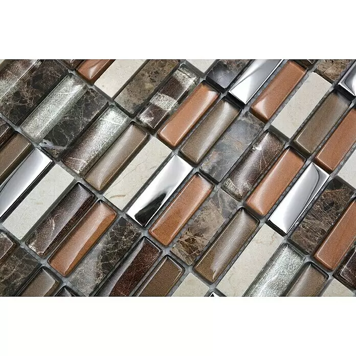 Mosaikfliese Rechteck Crystal Mix XCM SM78 - 29,8 x 30,4 cm, Braun/Beige, Glänzend - Rechteckige Mosaikfliesen aus poliertem Silbermetall, glänzendem Bronze- und Braunglas sowie Naturstein in Beige und Dunkel.