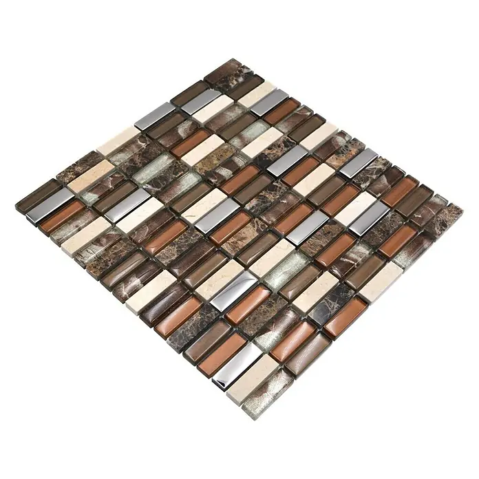 Mosaikfliese Rechteck Crystal Mix XCM SM78 - 29,8 x 30,4 cm, Braun/Beige, Glänzend - Bild einer quadratischen Mosaikfliese mit Braun-, Beige- und Silbertönen, ideal für stilvolle Wand- oder Bodengestaltung.