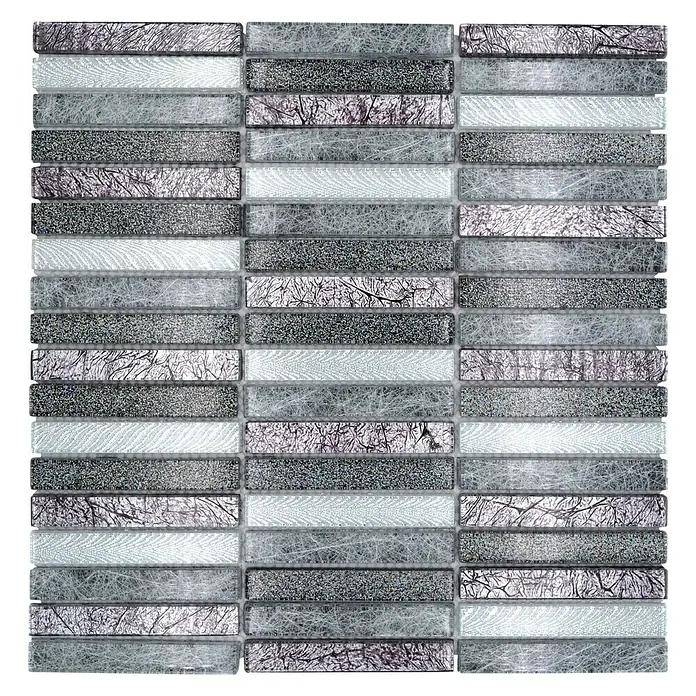 Mosaikfliese Stäbchen Crystal Day XCM ST DS - 29,8 x 30,4 cm, Glänzend - Hochwertige Glasmosaikfliese in Silber- und Grautönen mit einzigartigem Baumdesign für stilvolle Wandgestaltungen.