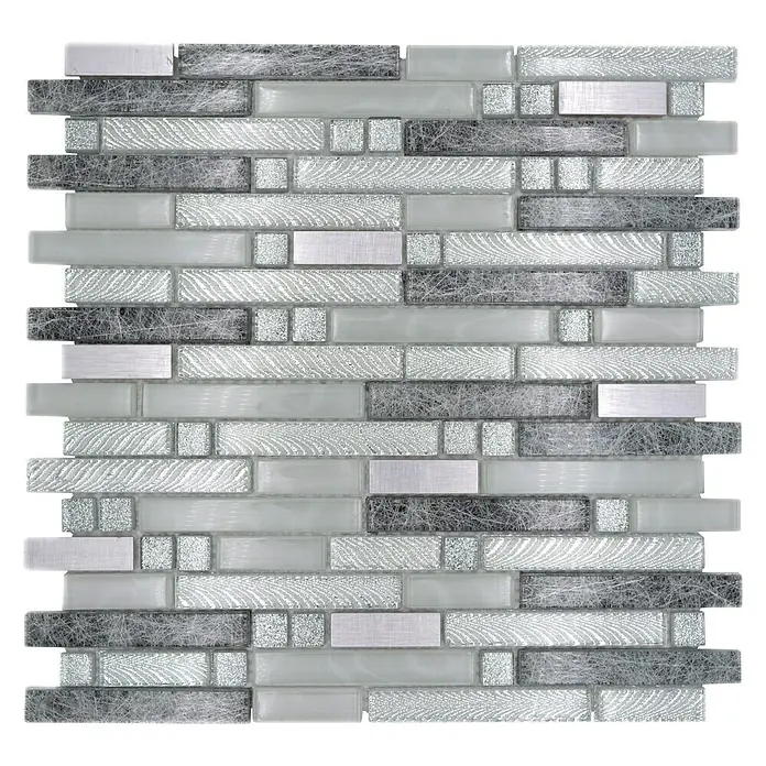 Mosaikfliese Verbund Crystal Mix XCM MV698 - 29,8 x 30,4 cm, Grau/Silber, Glänzend - Silbernes Mosaikfliesen-Design mit verschiedenen Texturen und Schattierungen, perfekt für stilvolle Innenräume.