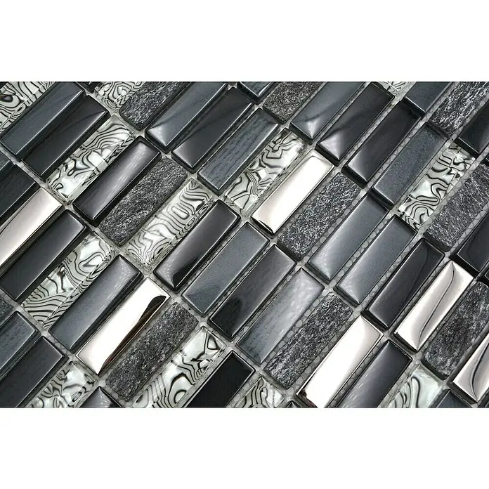 Mosaikfliese Rechteck Crystal Mix XCM SM88 - 29,8 x 30,4 cm, Grau/Schwarz, Glänzend - Elegante Mosaikfliesen in Schwarz, Grau und Silber mit verschiedenen Texturen für eine stilvolle Wandgestaltung.