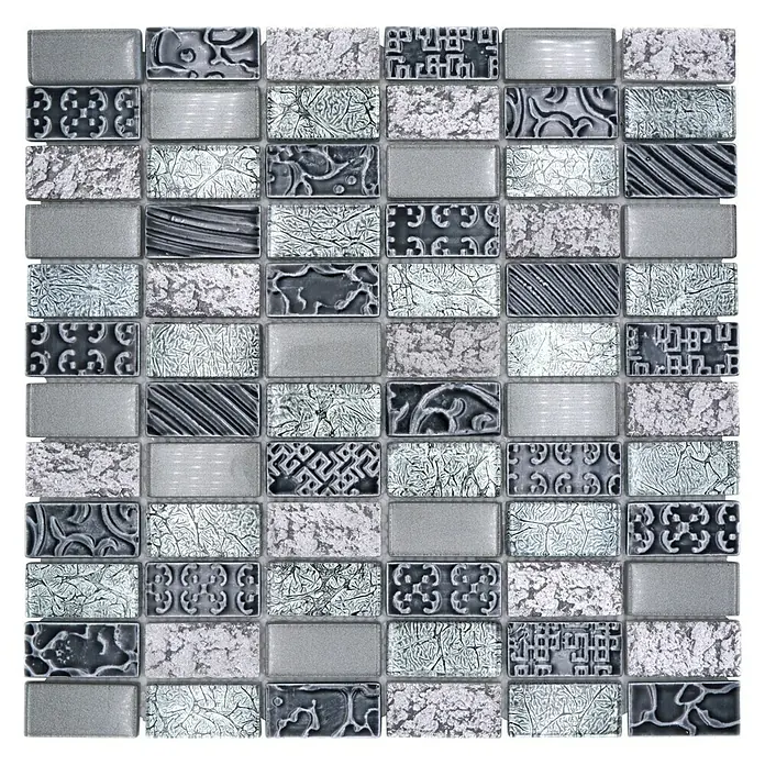 Mosaikfliese Rechteck Crystal Mix XCM CRS2 - 30 x 30 cm, Silber, Glänzend - Dekorative rechteckige Mosaikfliese mit Mustern in Silber, Grau und Weiß für Wand- und Bodengestaltung.