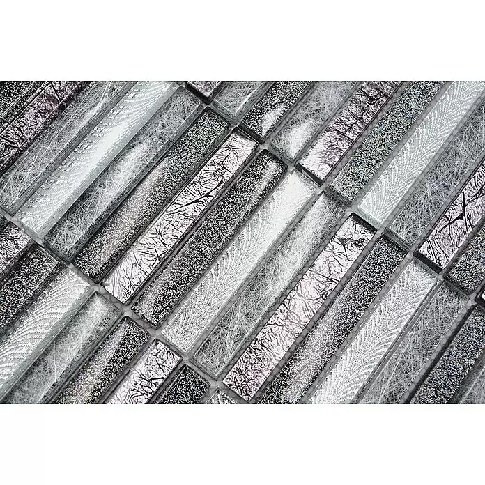 Mosaikfliese Stäbchen Crystal Day XCM ST DS - 29,8 x 30,4 cm, Glänzend - Rechteckige silberne, graue und schwarze Glasmosaikfliesen mit Glitzer-, Riss- und Faserstrukturen.