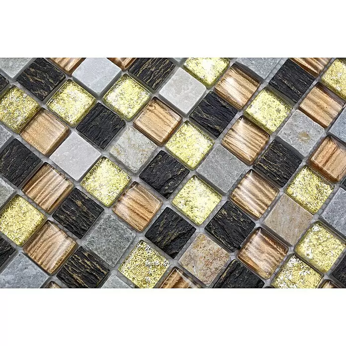 Mosaikfliese Quadrat Crystal Mix XCM CR17 - 30 x 30 cm, Braun/Grau/Gold, Matt - Detailaufnahme