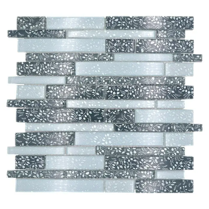Mosaikfliese Verbund Crystal Chic XCM 8CFL - 30,5 x 30,5 cm, Glänzend - Ein Mosaikfliesen-Panel mit einem floralen Muster in Grau- und Weißtönen, ideal für stilvolle Wandgestaltungen im Innenbereich.
