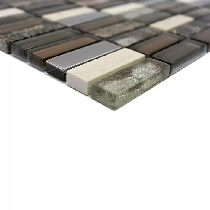Mosaikfliese Rechteck Crystal Mix XCM SM78 - 29,8 x 30,4 cm, Braun/Beige, Glänzend - Rechteckige Mosaikfliesen aus Glas, Stein und Metall in Braun-, Grau- und Beigetönen.