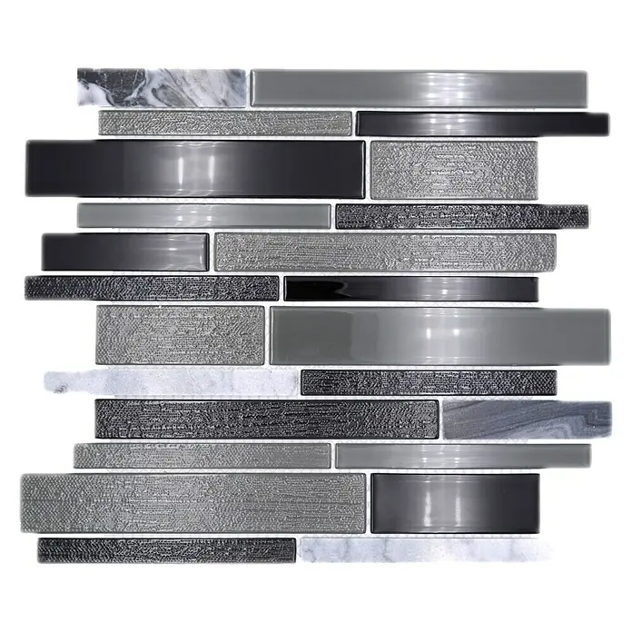 Mosaikfliese Verbund Crystal Mix CM GV44 - 28,6 x 30 cm, Grau/Schwarz, Glänzend - Elegante graue Mosaikfliese mit verschiedenen Texturen und Materialien für eine stilvolle Wandgestaltung.