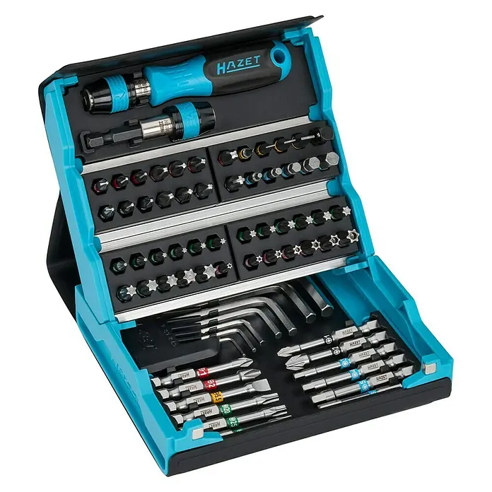Hazet Bit-Set SmartCase - 69 Stk. - HAZET Bit-Satz in einem blauen Koffer. Das Set enthält eine Vielzahl von Bits und Schraubendrehern für verschiedene Anwendungen.