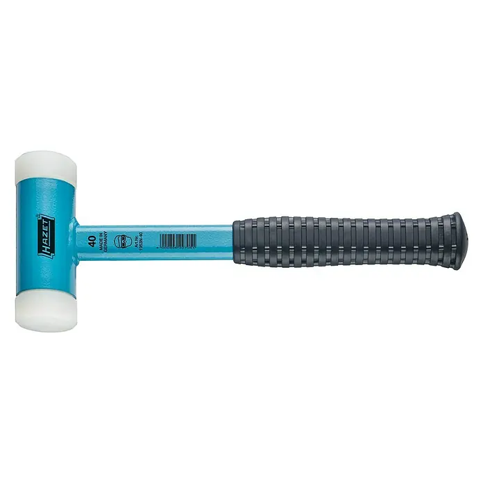 Hazet Schonhammer - Durchmesser Kopf: 40 mm - Das Bild zeigt einen Hazet Schonhammer 1953SN-40 mit einem blauen Griff und weißen Schlagköpfen, ideal für schonende Arbeiten.
