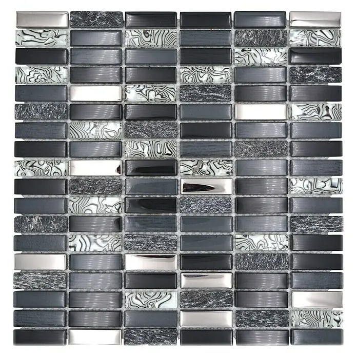 Mosaikfliese Rechteck Crystal Mix XCM SM88 - 29,8 x 30,4 cm, Grau/Schwarz, Glänzend - Mosaikfliesen in verschiedenen Grau- und Schwarztönen mit einigen reflektierenden Elementen.