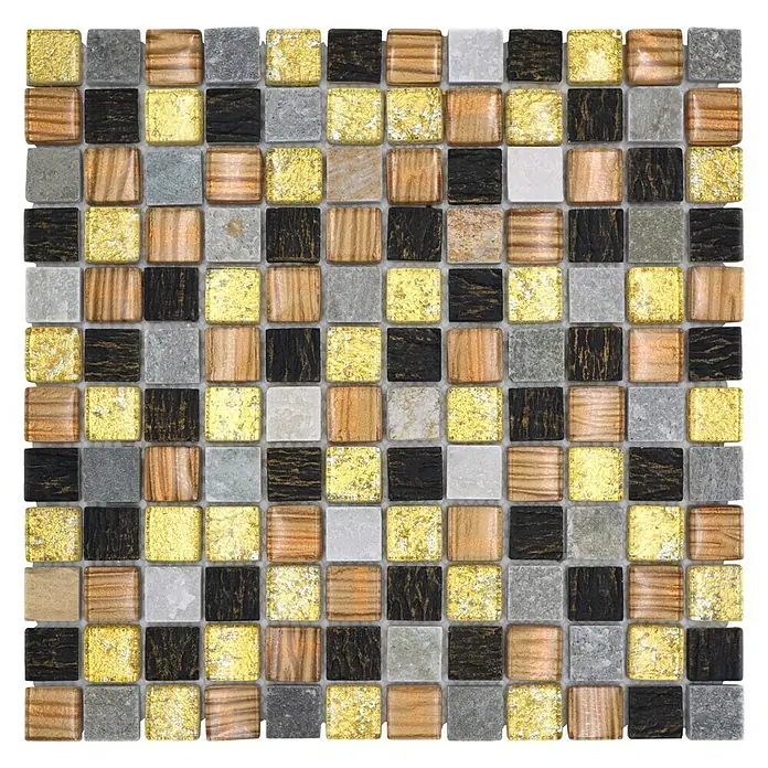 Mosaikfliese Quadrat Crystal Mix XCM CR17 - 30 x 30 cm, Braun/Grau/Gold, Matt - Vielfältige Mosaikfliese mit Gold-, Holz-, Grau- und Schwarztönen. Ein attraktives Dekorelement für moderne Innenräume und zur Wandgestaltung.