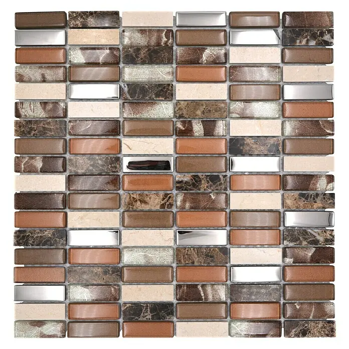 Mosaikfliese Rechteck Crystal Mix XCM SM78 - 29,8 x 30,4 cm, Braun/Beige, Glänzend - Nahaufnahme eines Mosaiks mit braunen, beigen und silbernen rechteckigen Fliesen, ideal für die Dekoration von Innenräumen.