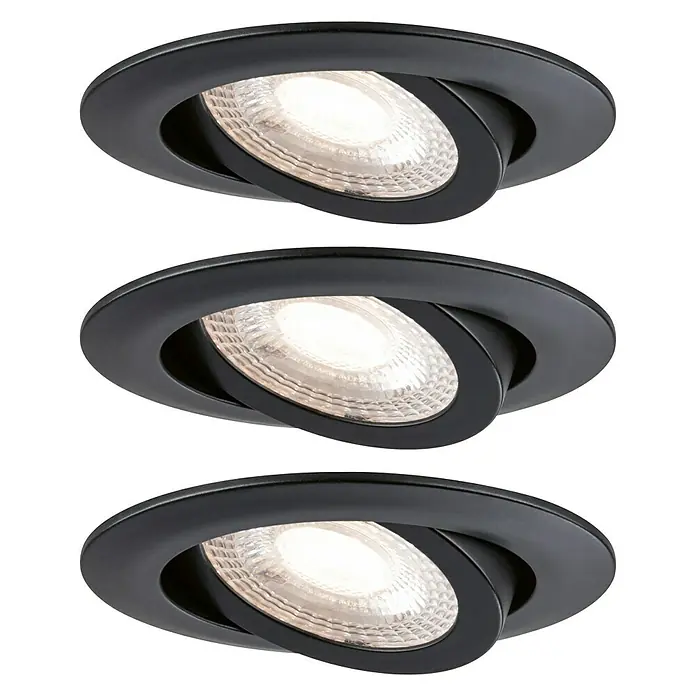 Paulmann LED-Einbauleuchte 3er-Set - 4,8 W, Schwarz, Warmweiß - Diese Aufnahme zeigt drei stilvolle, schwarze Deckenspots mit schwenkbaren Leuchten, die ein modernes Ambiente erzeugen.
