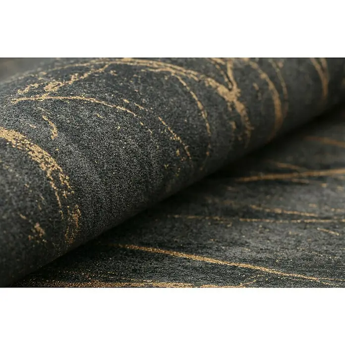 Rasch Factory 4 Vliestapete Marmor - Schwarz, Steinoptik, 10,05 x 0,53 m - Nahaufnahme eines schwarzen Teppichs mit goldenen Marmorierungen, der eine luxuriöse und elegante Note vermittelt.