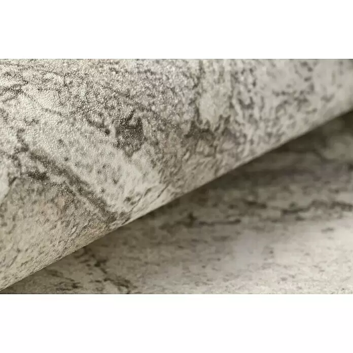 Rasch Factory 4 Vliestapete Steinmauer - Weiß, Steinoptik, 10,05 x 0,53 m - Weicher, gerollter grauer und weißer melierter Teppich mit abstraktem Muster.