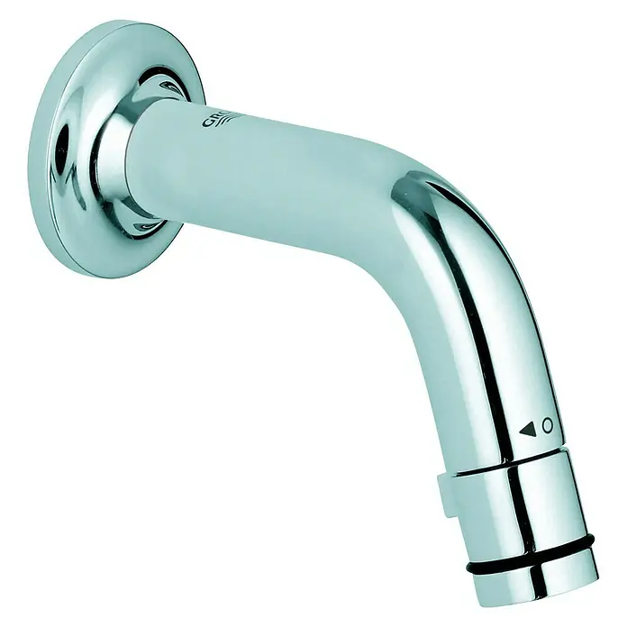 Grohe Waschtischarmatur UniversalWandmontage, Chrom, Glänzend, Ausladung Armatur: 106 mm - Ein silberner, gebogener Wasserhahn vor einem schwarzen Hintergrund. Das Produkt ist glänzend und modern gestaltet.