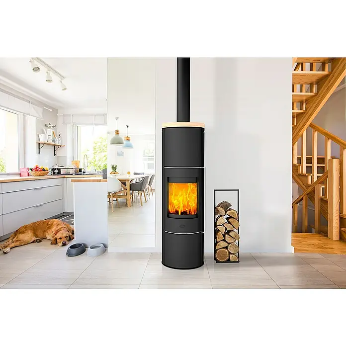 Fireplace Kaminofen Perondi - 5 kW, Raumheizvermögen: 90 m³, Material Verkleidung: Sandstein, Schwarz - Gemütliches Interieur mit einem eleganten schwarzen Kaminofen, der Wärme und Stil in den Raum bringt, neben einem Holzregal und einem entspannten Hund.