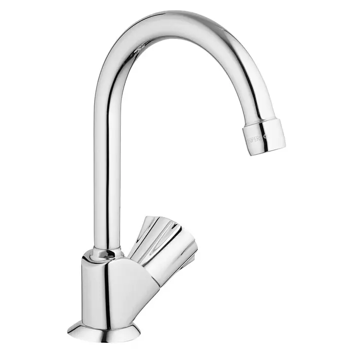 Grohe Costa Kaltwasser-Standventil - Chrom, Glänzend - Nahaufnahme eines glänzenden, verchromten Waschtischhahns mit geschwungenem Auslauf und Hebel.