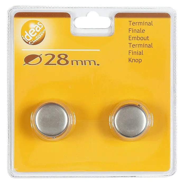 Tapones terminales Ideas 28 - Plateado, 2 ud. - Paquete de dos piezas finales/pomos de color plateado, de 28 mm de diámetro, para muebles o cortinas.
