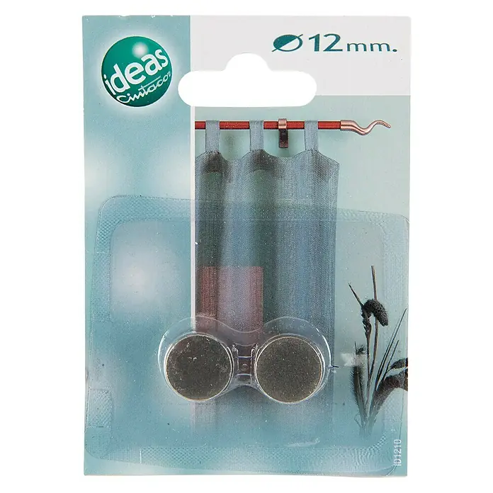 Tapa final Tapón Ideas 12 - Negro, 2 ud. - Imagen del producto de un paquete de dos imanes para cortinas "Ideas Cintacor" con un diámetro de 12 mm.