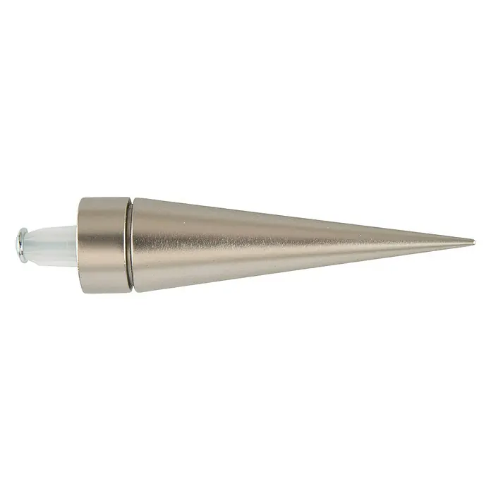 Tapa final Cono Ideas 12 - Cromo, 1 ud. - Vista del producto de una varilla metálica plateada con punta cónica y extremo transparente.