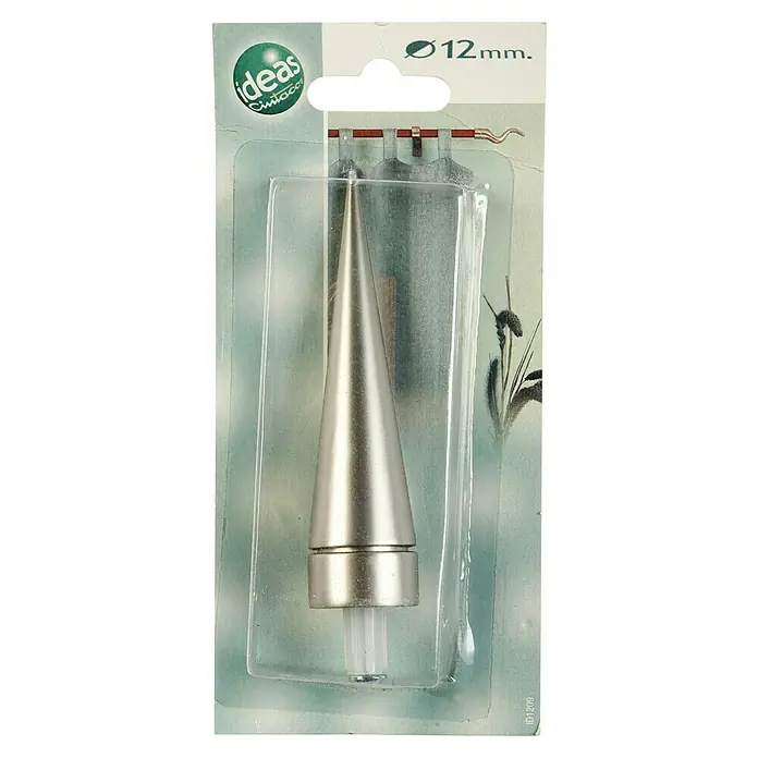 Tapa final Cono Ideas 12 - Cromo, 1 ud. - Foto de un extremo de barra de cortina de 12 mm de diámetro, empaquetado. Diseño plateado para decoraciones de ventanas elegantes.