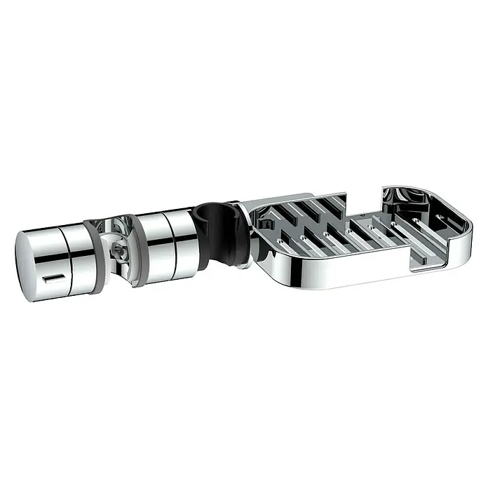 Soporte de ducha con porta jabones - Diámetro del tubo: 22 mm - 25 mm, Cromo - Una estantería de ducha cromada brillante con un soporte para la barra de ducha. Ideal para champú y jabón en la ducha.
