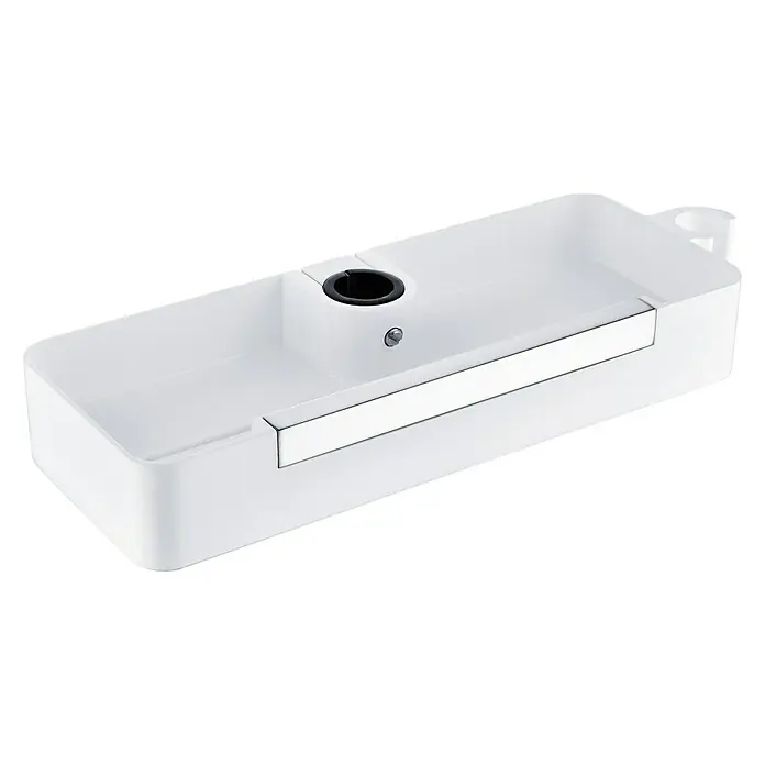 Cesta de baño para barra de ducha Concept - 11 x 32,5 x 4,6 cm, Plástico, Blanco - Organizador de baño rectangular blanco con un detalle cromado y un recipiente integrado para productos esenciales.