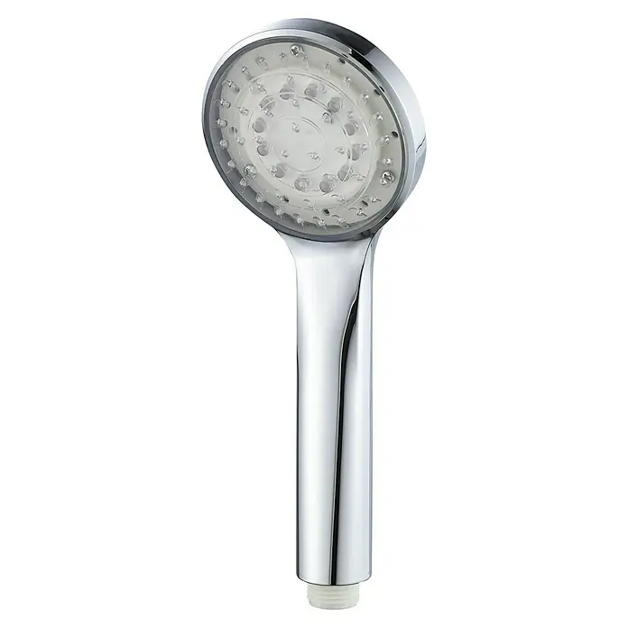 Teleducha con LED Lumy - Número de funciones: 1 ud., Diámetro: 82,5 mm, Cromo - Primer plano de un cabezal de ducha cromado con luces LED, aislado sobre un fondo negro.