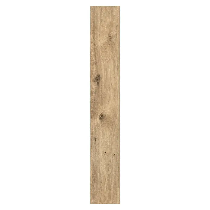 Laminat - Eiche Bremberg, Landhausdiele, 1.292 x 193 x 7 mm - Ein längliches Paneel in Holzoptik mit ausgeprägter Maserung und Astlöchern. Die Farbgebung ist warm und natürlich.