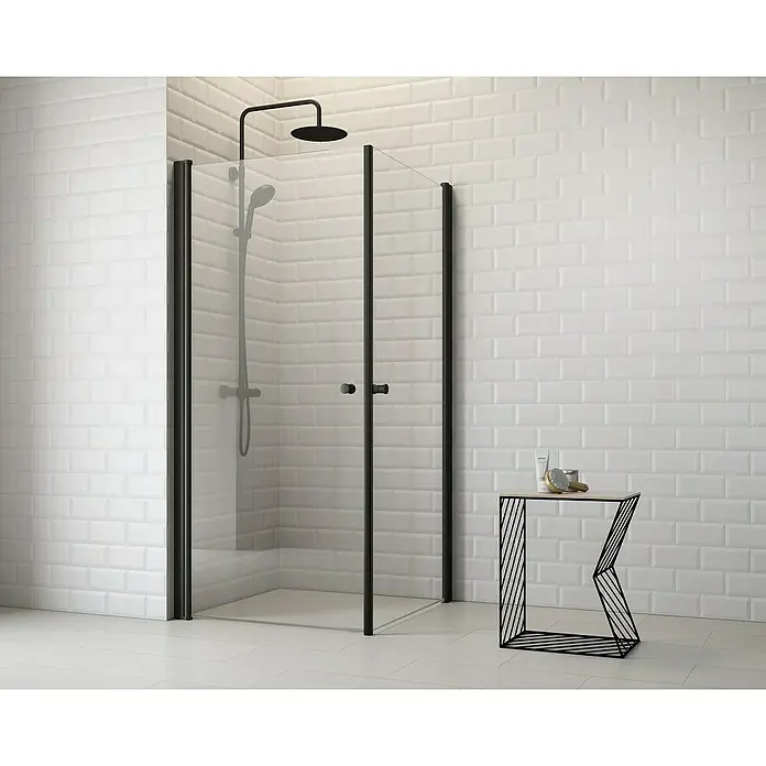 Corniche Eckdusche Light - L x B x H: 80 x 80 x 190 cm, Beschichtet, Schwarz, Glasstärke: 5 mm - Moderne Duschkabine mit schwarzen Akzenten und klarem Glas. Perfekt für ein stilvolles Badezimmerdesign mit minimalistischem Touch.