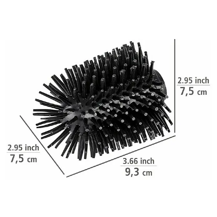 Wenko Ersatzbürstenkopf - Ohne Rohr, Silikon, Schwarz - Abbildung einer schwarzen Toilettenbürste mit Abmessungen.