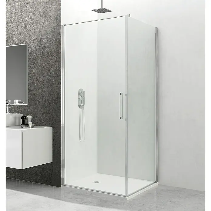 GME Mampara de ducha esquinera Open Combi A - L x An x Al: 70 x 70 x 195 cm, Plata brillo - Cabina de ducha elegante con paneles de vidrio transparente y perfilería cromada, realzando un diseño de baño moderno.
