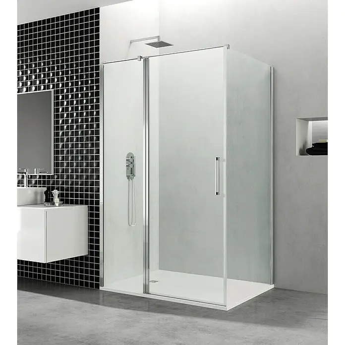 GME Mampara de ducha esquinera Open Combi C - L x An x Al: 70 x 90 x 195 cm, Plata brillo, L x An x Al: 70 x 90 (25/65) x 195 cm - Cabina de ducha moderna con líneas limpias y accesorios cromados, creando un ambiente de baño elegante.