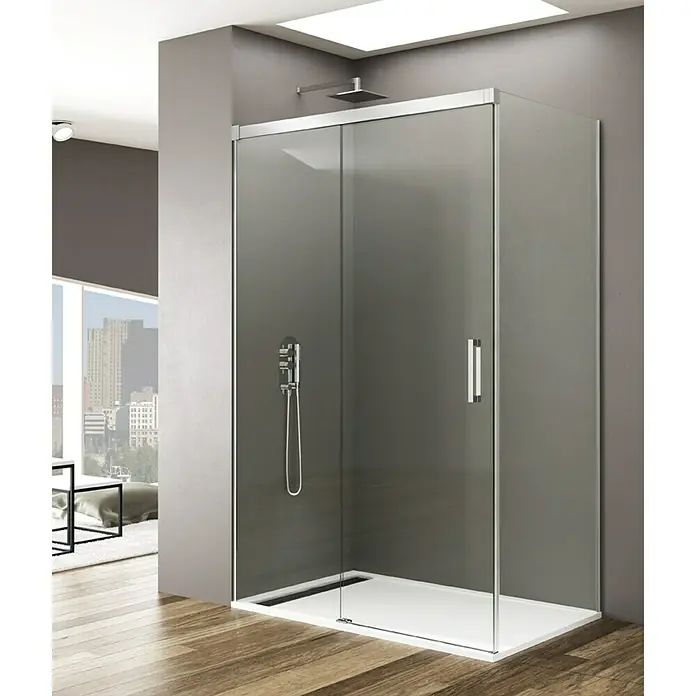 GME Mampara de ducha esquinera Basic Plus - L x An x Al: 90 x 150 x 195 cm, Vidrio transparente, Plata brillo - Una cabina de ducha moderna con líneas limpias y un plato de ducha blanco, ideal para un baño elegante.