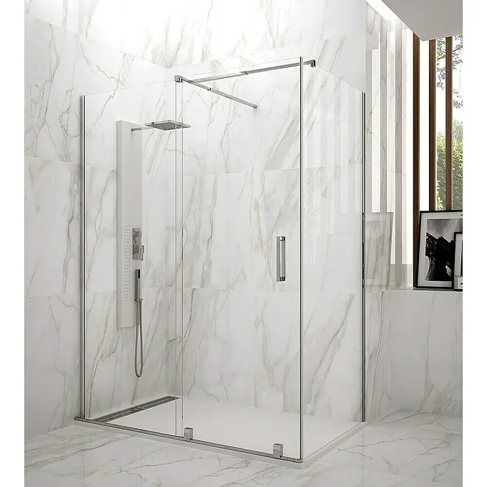 GME Mampara de ducha frontal Vitro - 120 x 196 cm, Vidrio transparente, Plata Brillo - Una elegante cabina de ducha sin marco con paneles de vidrio transparente y accesorios cromados, que complementa un diseño de baño moderno.