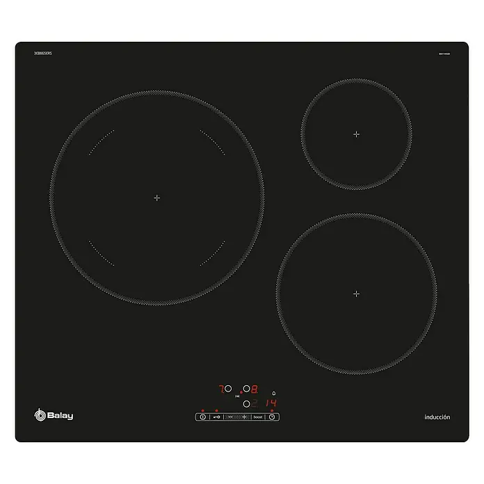 Balay Placa de cocción 3EB865ERS - Número de fogones de inducción: 3 ud. - Imagen de una placa de inducción Balay 3EB865ERS negra con tres zonas de cocción y una pantalla digital para un control preciso de la temperatura.