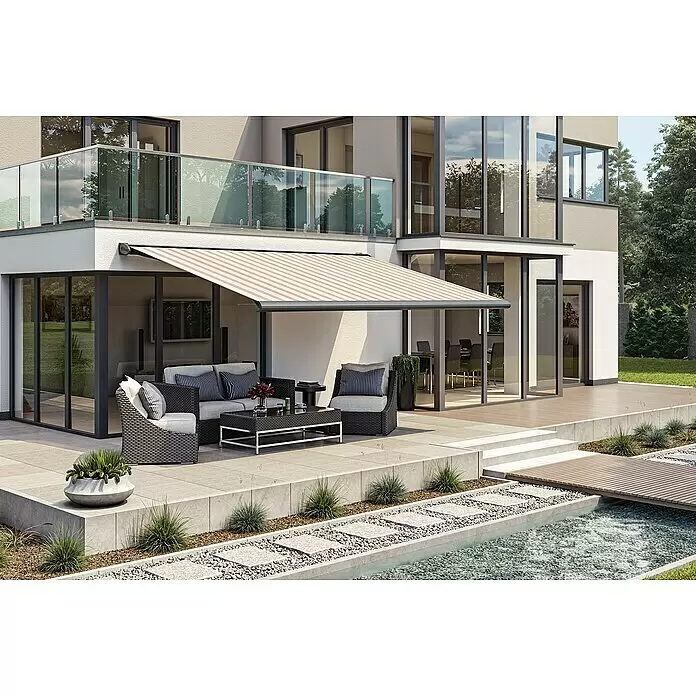Solid Elements Vollkassettenmarkise Solid-S 6171 - Braun/Beige, Farbe Gestell: Anthrazitgrau, Breite: 6 m, Ausfall: 1,5 m - Stimmungsaufnahme