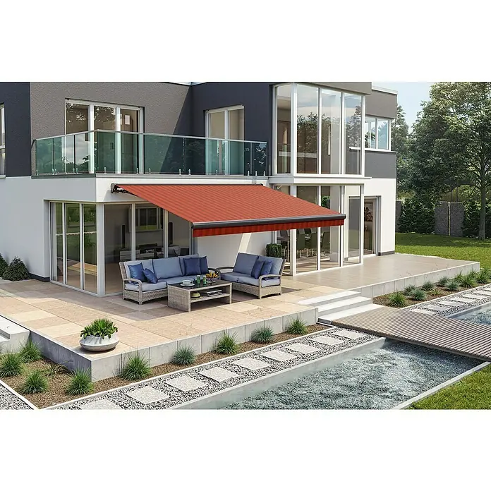 Solid Elements Teilhülsenmarkise Solid D035Rot/Bordeaux, Breite: 4 m, Ausfall: 2,5 m - Eine elegante Terrasse mit einer stilvollen Markise, die Schatten spendet, und bequemen Gartenmöbeln für entspannte Stunden im Freien.