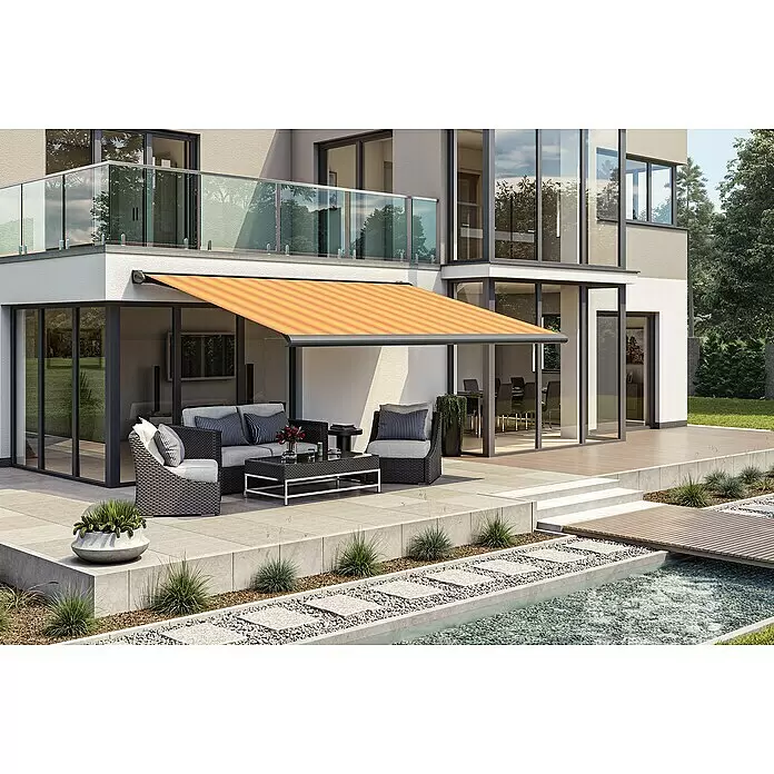 Solid Elements Vollkassettenmarkise Solid-S 320180 - Gelb/Orange, Farbe Gestell: Anthrazitgrau, Breite: 4 m, Ausfall: 3 m - Orange-gelb gestreifte Markise, die einen modernen Terrassen-Sitzbereich beschattet.