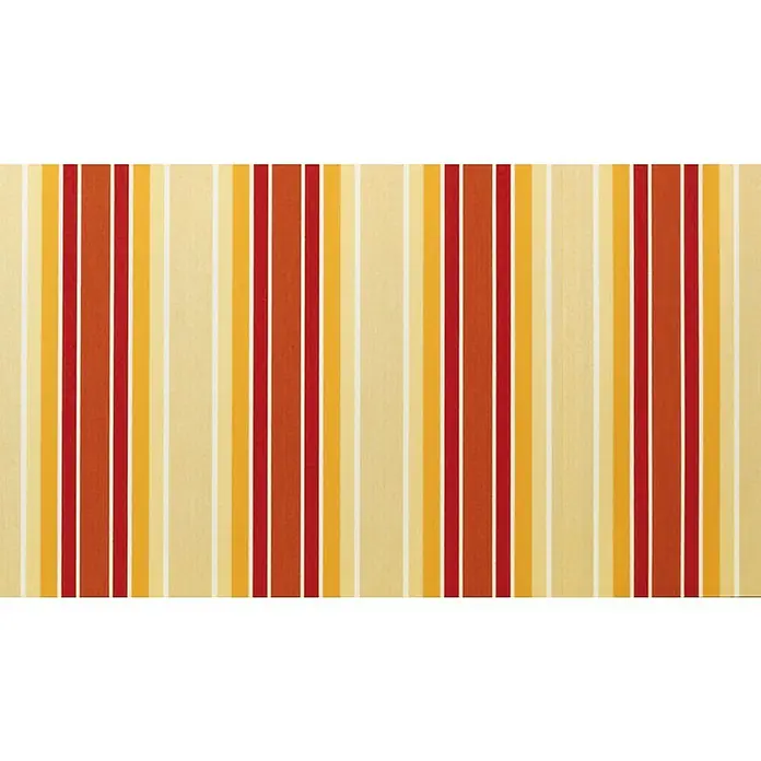 Solid Elements Gelenkarmmarkise 8430 - Beige/Rot, Breite: 4 m, Ausfall: 3,5 m - Nahaufnahme eines gestreiften Stoffes mit vertikalen Streifen in Gelb-, Rot- und Orangetönen. Das Stoffmuster bietet ein warmes, einladendes Ambiente.