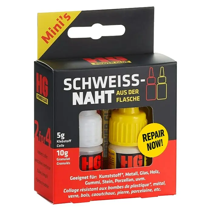 HG Power Glue Kleber-Set Klebstoff und Granulat - 15 g, 2 -tlg., Flasche - HG Schweiss-Naht Power Glue im Mini's Pack, ein starker Klebstoff für Kunststoff, Metall, Glas und mehr, ideal für schnelle Reparaturen.