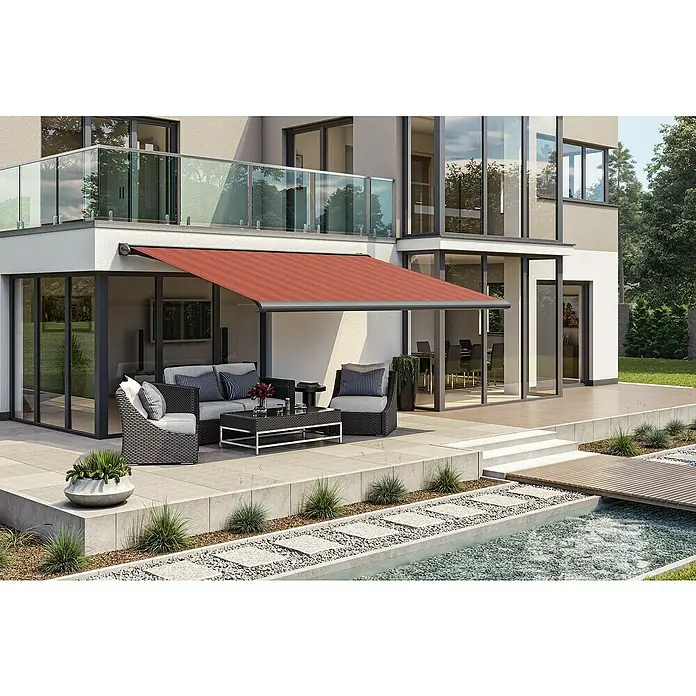 Solid Elements Vollkassettenmarkise Solid-S D035Rot/Bordeaux, Farbe Gestell: Anthrazitgrau, Breite: 5 m, Ausfall: 2,5 m - Diese Aufnahme zeigt eine stilvolle Terrassenmarkise, die Schatten spendet und das moderne Design des Hauses ergänzt.