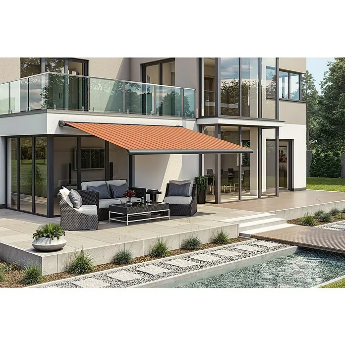 Solid Elements Vollkassettenmarkise Solid-S 0744Orange/Braun, Farbe Gestell: Anthrazitgrau, Breite: 6 m, Ausfall: 1,5 m - Moderne Terrassenüberdachung mit Markise und stilvollen Gartenmöbeln. Die Markise bietet Schatten und Schutz vor der Sonne.