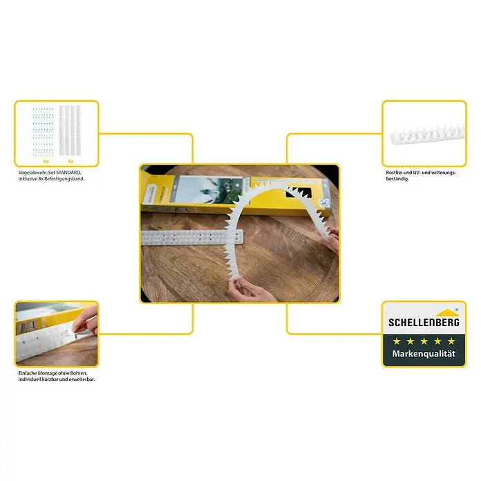 Schellenberg TaubenschutzL x B x H: 49 x 4,3 x 2 cm - Produktabbildung eines Vogelabwehr-Sets STANDARD mit Befestigungsband, rostfrei und UV- sowie witterungsbeständig. Einfache Montage ohne Bohren.