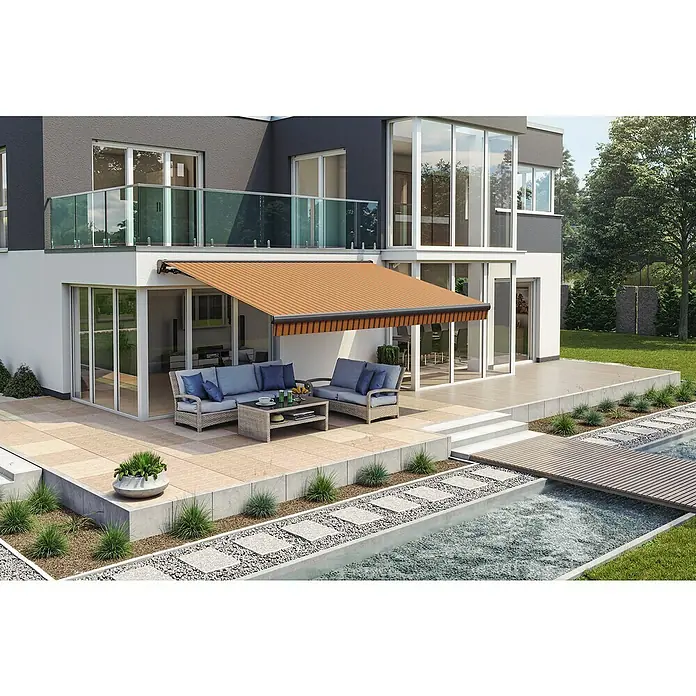 Solid Elements Teilhülsenmarkise Solid 0744Orange/Braun, Breite: 5,5 m, Ausfall: 2 m - Stilvolle Markise spendet Schatten auf der Terrasse, während moderne Gartenmöbel zum Verweilen einladen. Ideal für entspannte Stunden im Freien.