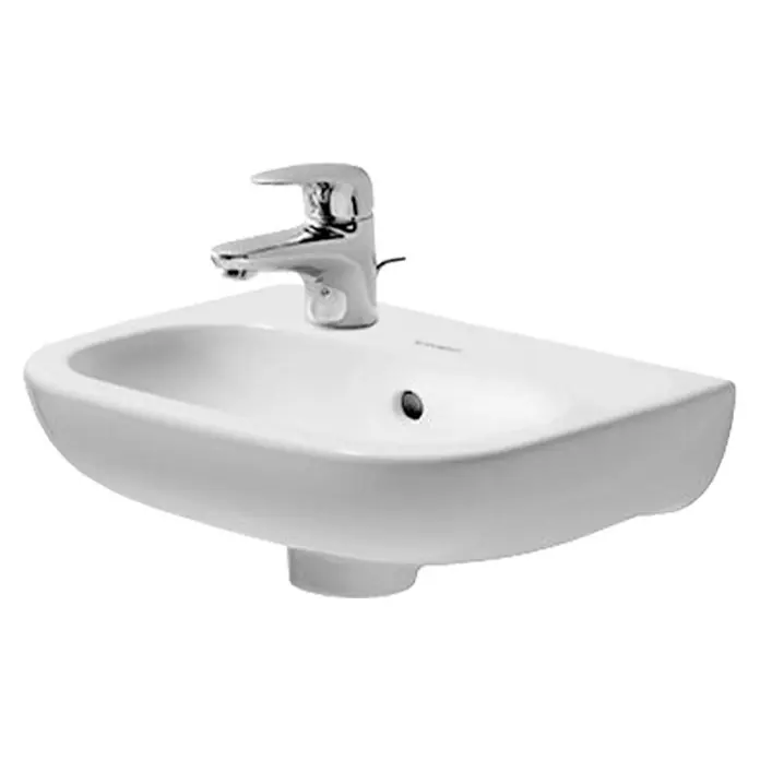 Duravit D-Code Waschbecken - 36 x 27 cm, Ohne Spezialglasur, Hahnloch: Links, Mit Überlauf, Weiß - Elegantes Waschbecken mit verchromtem Wasserhahn. Das perfekte Waschbecken für ein stilvolles Badezimmer mit praktischem Design.