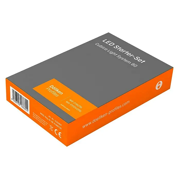 Starter-Set Cubica LS80 - Passend für: Licht- bzw. Kabelkanalleisten Cubica LS80 - Produktverpackung für ein LED Starter-Set Cubica Light System 80 von Döllken Profiles.